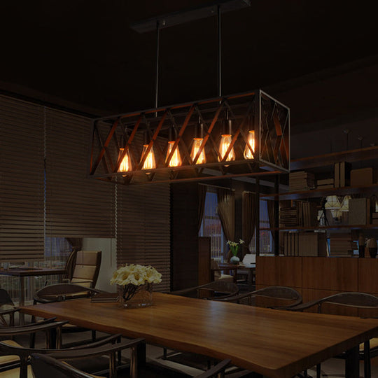 Industrial Style Black Ironwork Pendant Light For Bar - Rectangular Island Design