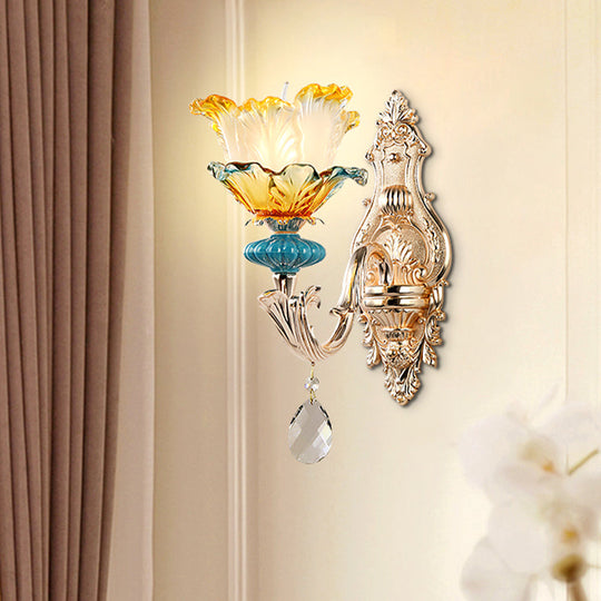 Modern Amber And Blue Glass Wall Sconce With Brass Finish - 1/2 Head Flower Design