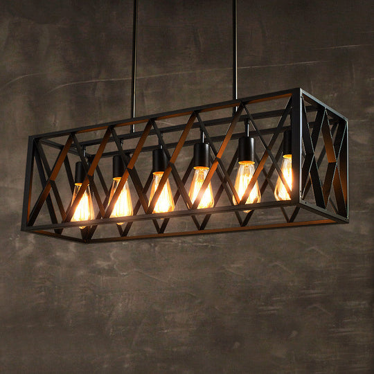 Industrial Style Black Ironwork Pendant Light For Bar - Rectangular Island Design