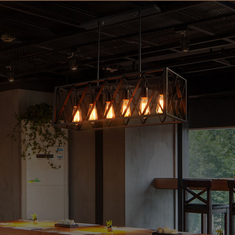 Industrial Style Black Ironwork Pendant Light For Bar - Rectangular Island Design