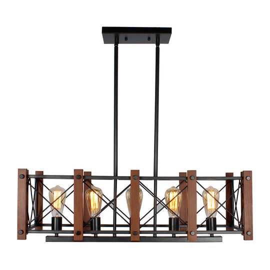 Rectangular Cage Industrial Pendant Light - 5-Light Metal Island Lighting In Black