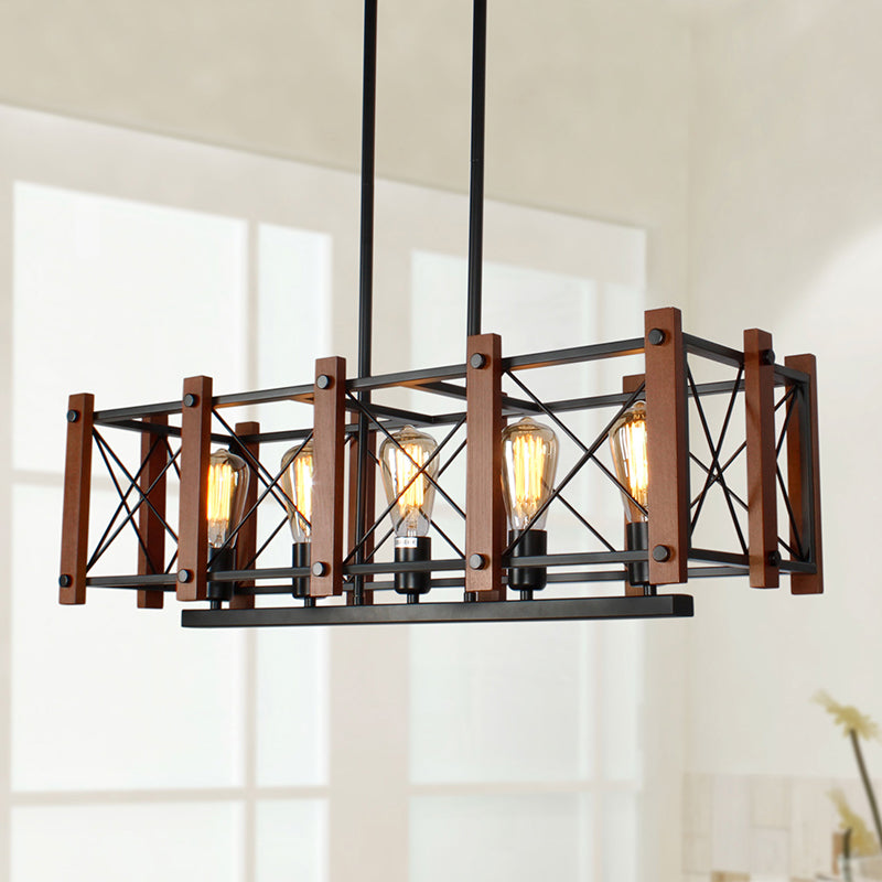 Rectangular Cage Industrial Pendant Light - 5-Light Metal Island Lighting In Black