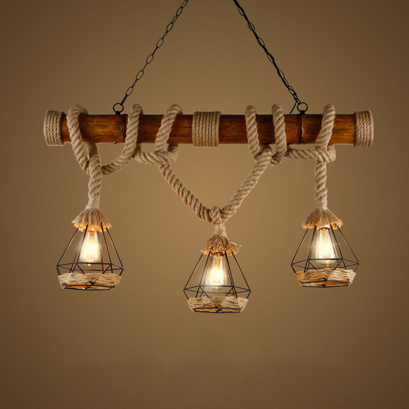 Sophie's Rustic 3-Light Island Pendant with Beige Hemp Rope Shade for Restaurant Suspension Light