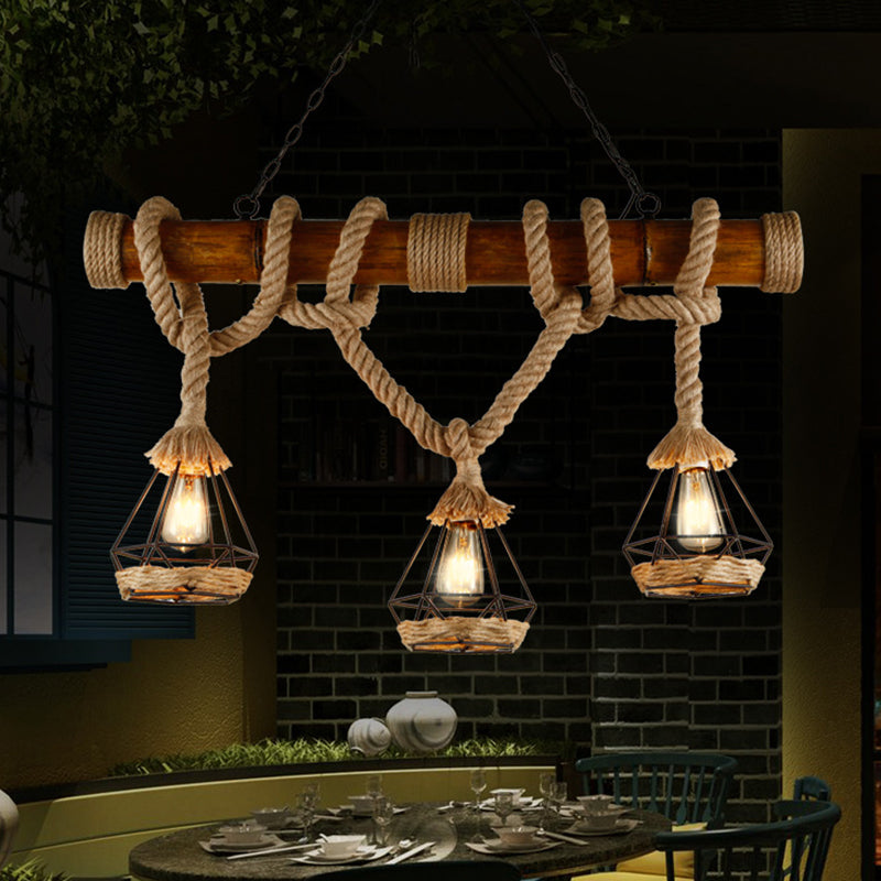 Hemp Rope Island Pendant Light With Beige Shades For Rustic And Restaurant Settings