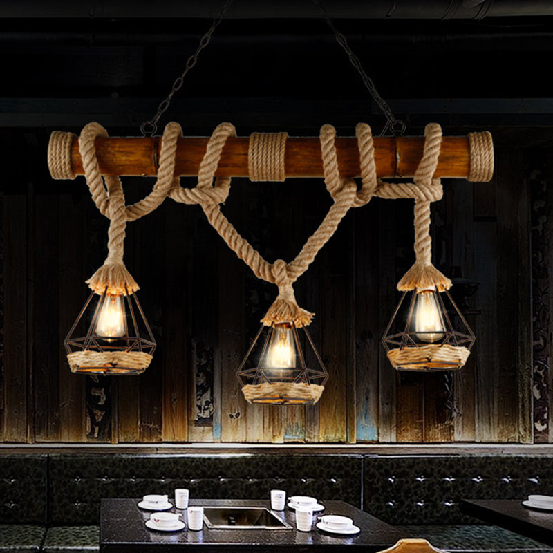 Sophie's Rustic 3-Light Island Pendant with Beige Hemp Rope Shade for Restaurant Suspension Light