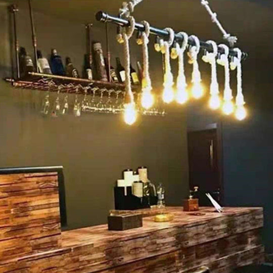 Industrial Hemp Rope Bronze Linear Bar Suspension Light Fixture