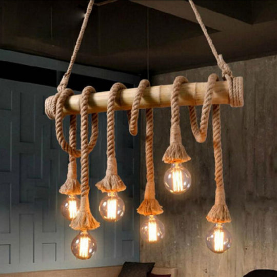 Hemp Rope Pendant Lamp - Industrial Style Beige Linear Over Island Lighting