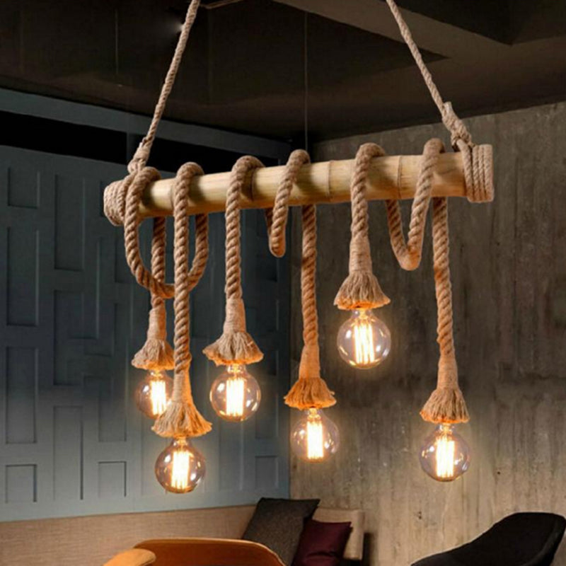 Hemp Rope Pendant Lamp - Industrial Style Beige Linear Over Island Lighting / Shadeless