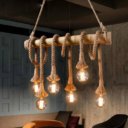 Hemp Rope Pendant Lamp - Industrial Style Beige Linear Over Island Lighting