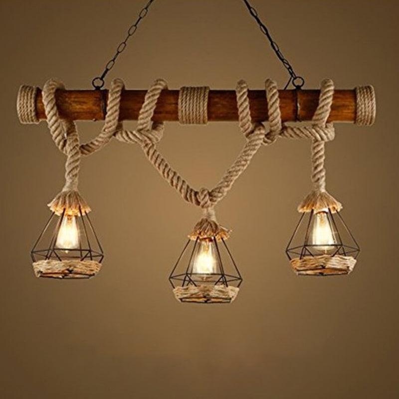 Hemp Rope Pendant Lamp - Industrial Style Beige Linear Over Island Lighting