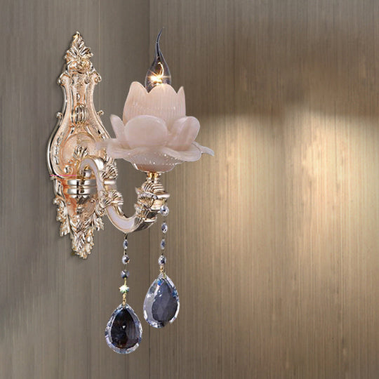 Modern Lotus Wall Light Fixture With Milky Glass Brass Sconce And Teardrop Crystal Accent