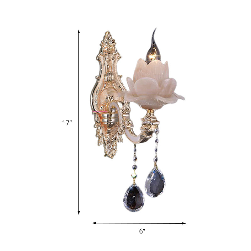 Modern Lotus Wall Light Fixture With Milky Glass Brass Sconce And Teardrop Crystal Accent