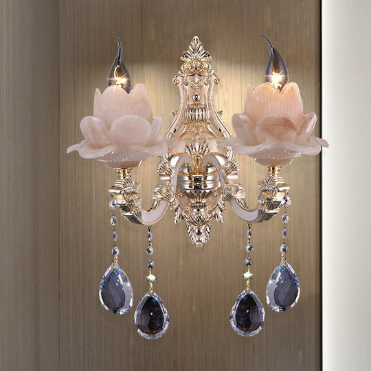 Modern Lotus Wall Light Fixture With Milky Glass Brass Sconce And Teardrop Crystal Accent 2 /