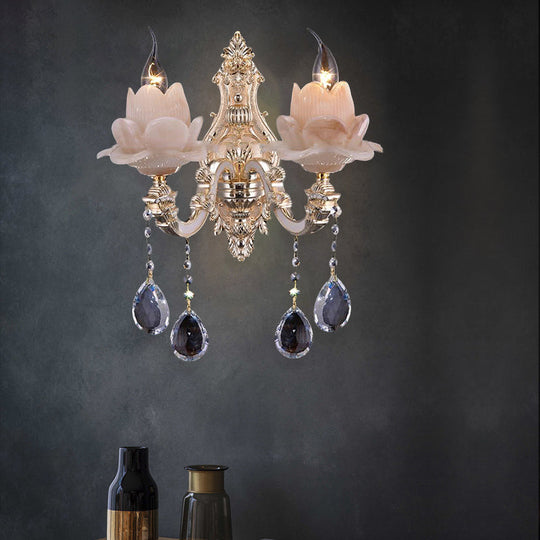 Modern Lotus Wall Light Fixture With Milky Glass Brass Sconce And Teardrop Crystal Accent