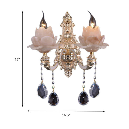 Modern Lotus Wall Light Fixture With Milky Glass Brass Sconce And Teardrop Crystal Accent