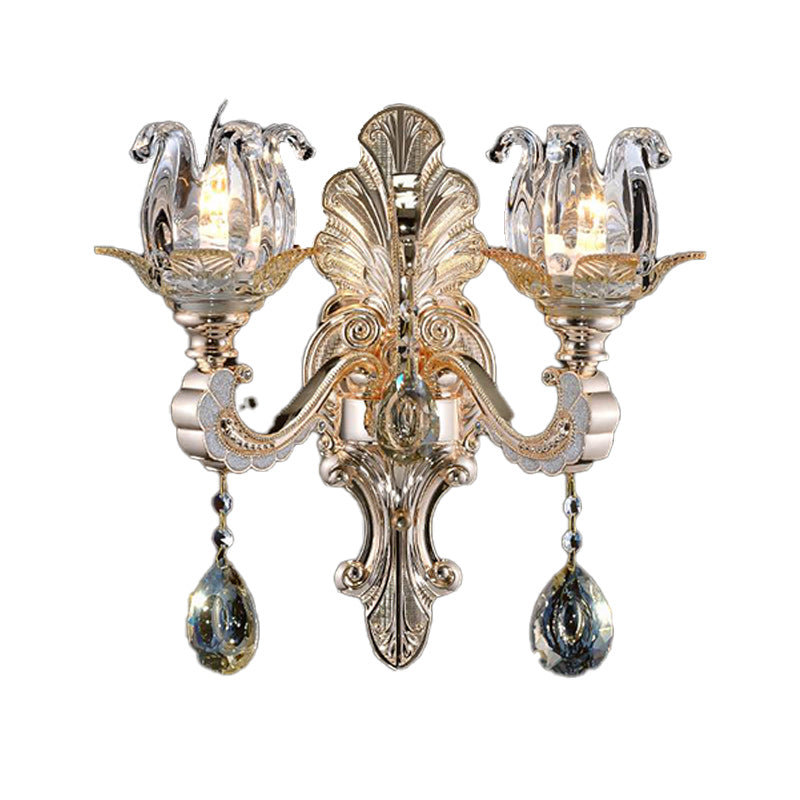 Contemporary Wall-Mounted Floral Sconce Light Fixture With Crystal Drop - Clear Glass 1/2 Heads