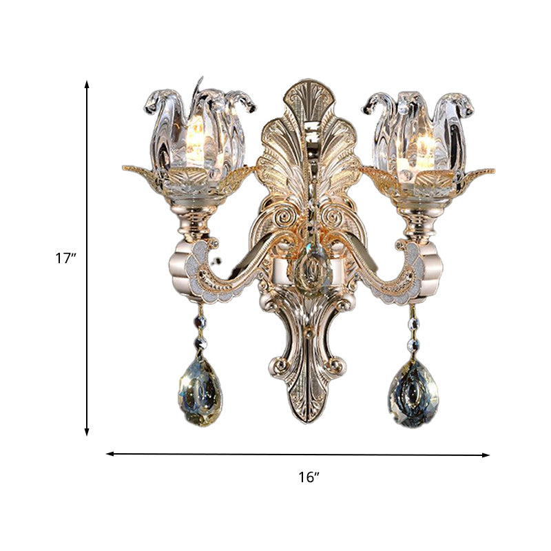 Contemporary Wall-Mounted Floral Sconce Light Fixture With Crystal Drop - Clear Glass 1/2 Heads