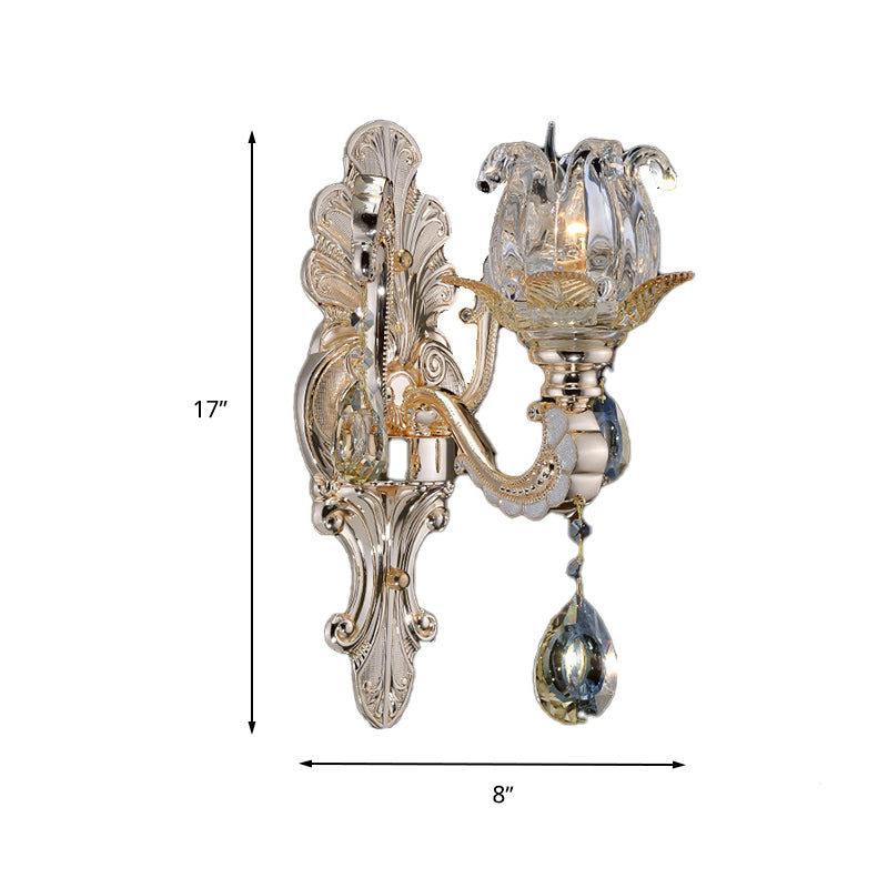 Contemporary Wall-Mounted Floral Sconce Light Fixture With Crystal Drop - Clear Glass 1/2 Heads