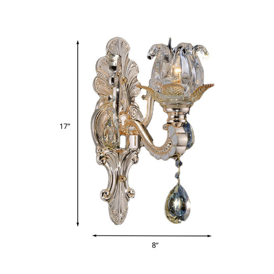 Contemporary Wall-Mounted Floral Sconce Light Fixture With Crystal Drop - Clear Glass 1/2 Heads