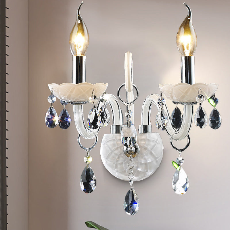 Modern Candelabra Wall Sconce Light With Teardrop Crystal Decoration - White Glass 1/2 Heads Living