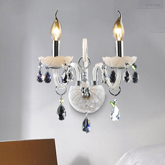 Modern Candelabra Wall Sconce Light With Teardrop Crystal Decoration - White Glass 1/2 Heads Living