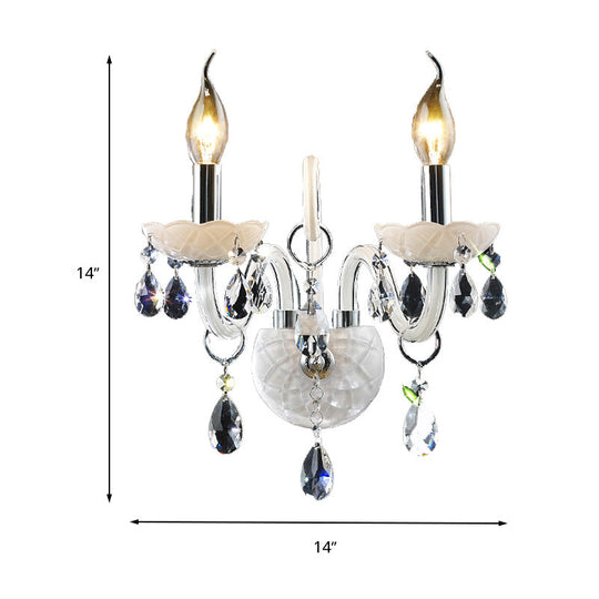 Modern Candelabra Wall Sconce Light With Teardrop Crystal Decoration - White Glass 1/2 Heads Living