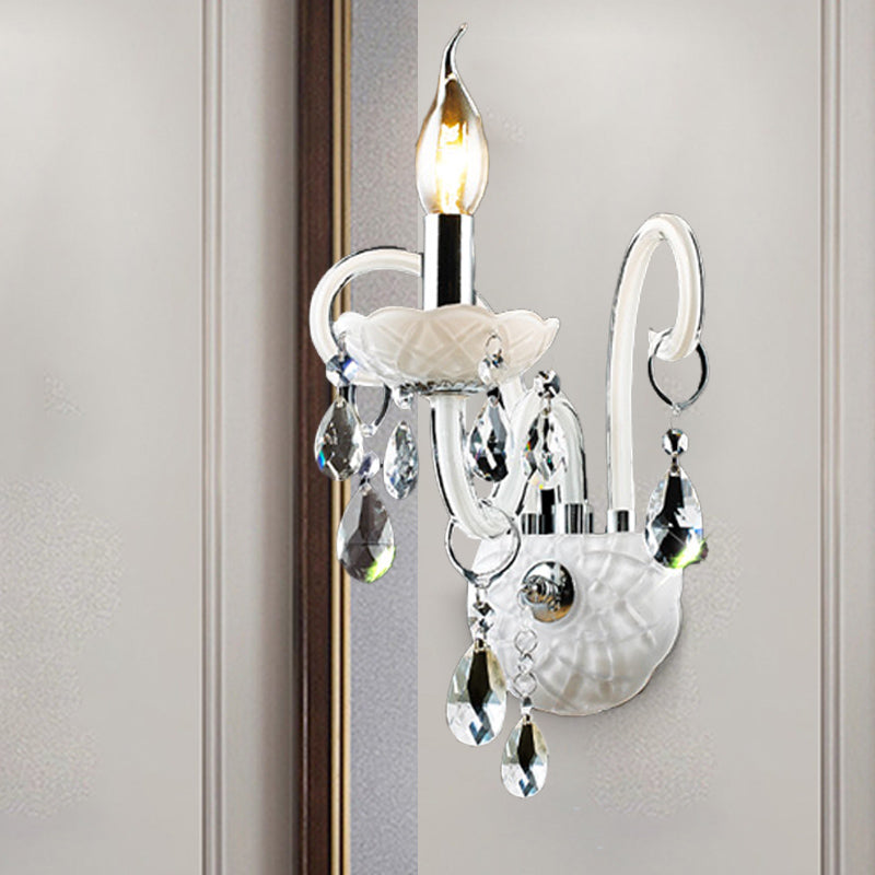 Modern Candelabra Wall Sconce Light With Teardrop Crystal Decoration - White Glass 1/2 Heads Living