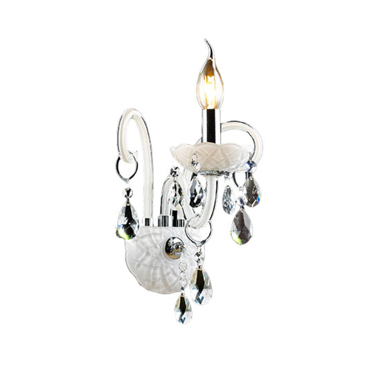 Modern Candelabra Wall Sconce Light With Teardrop Crystal Decoration - White Glass 1/2 Heads Living