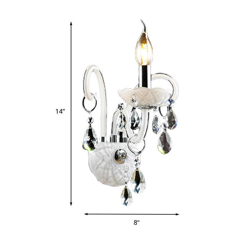 Modern Candelabra Wall Sconce Light With Teardrop Crystal Decoration - White Glass 1/2 Heads Living