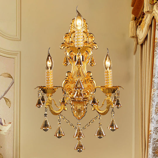 Gold Candelabra Wall Light With Crystal Decoration - Traditional Metal Sconce For Bedroom (3 Heads)