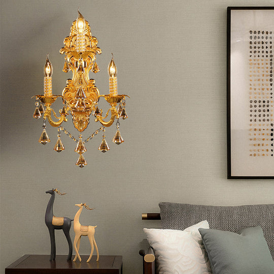 Gold Candelabra Wall Light With Crystal Decoration - Traditional Metal Sconce For Bedroom (3 Heads)