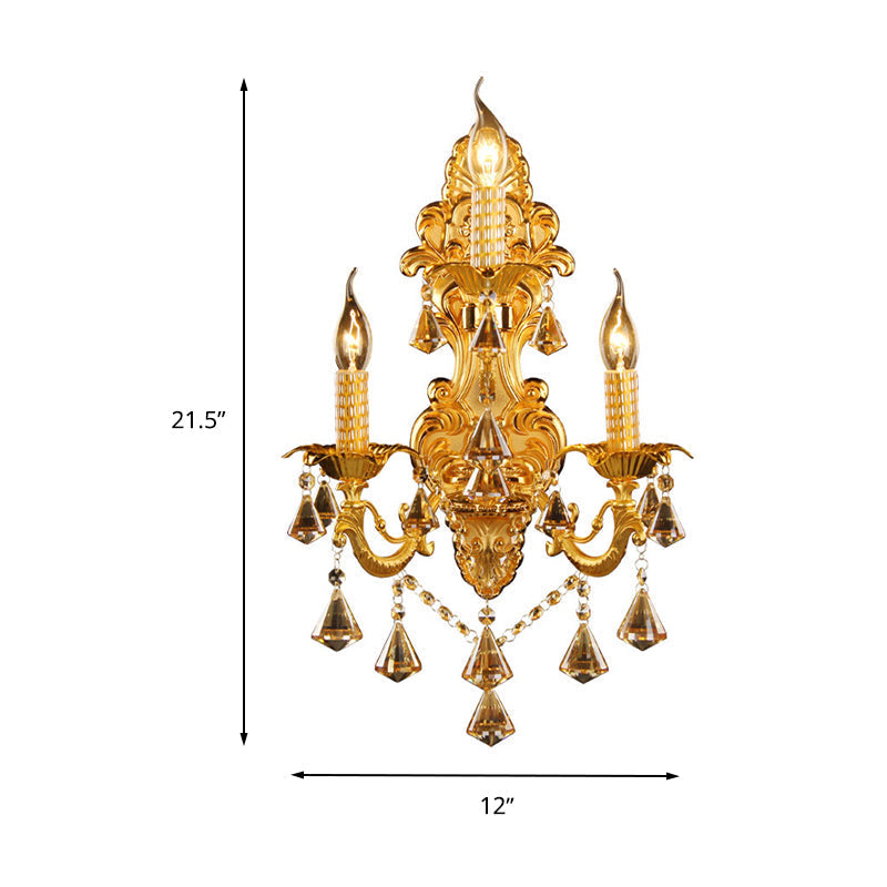 Gold Candelabra Wall Light With Crystal Decoration - Traditional Metal Sconce For Bedroom (3 Heads)