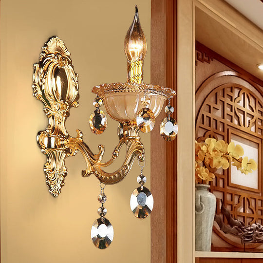 Traditional Brass Candle Wall Sconce With Beveled Crystal Drop For Dining Room