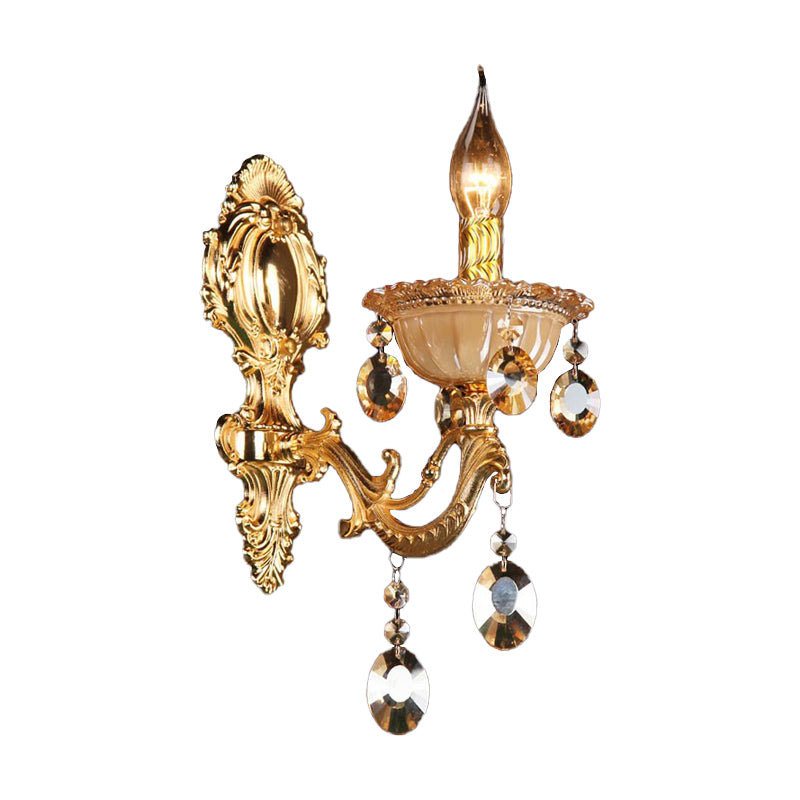 Traditional Brass Candle Wall Sconce With Beveled Crystal Drop For Dining Room