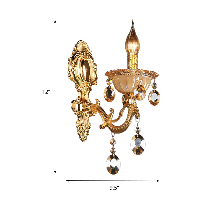 Traditional Brass Candle Wall Sconce With Beveled Crystal Drop For Dining Room