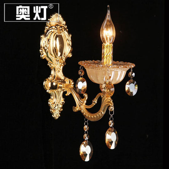 Traditional Brass Candle Wall Sconce With Beveled Crystal Drop For Dining Room