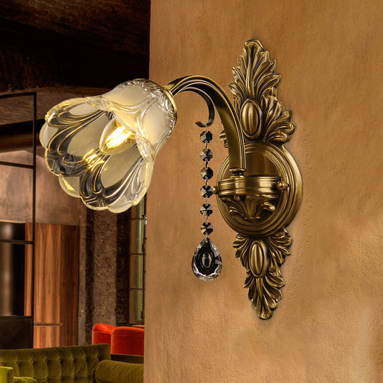 Brass Flower Frosted Glass Wall Mount Sconce Light Fixture For Traditional Bedroom- 1 Head