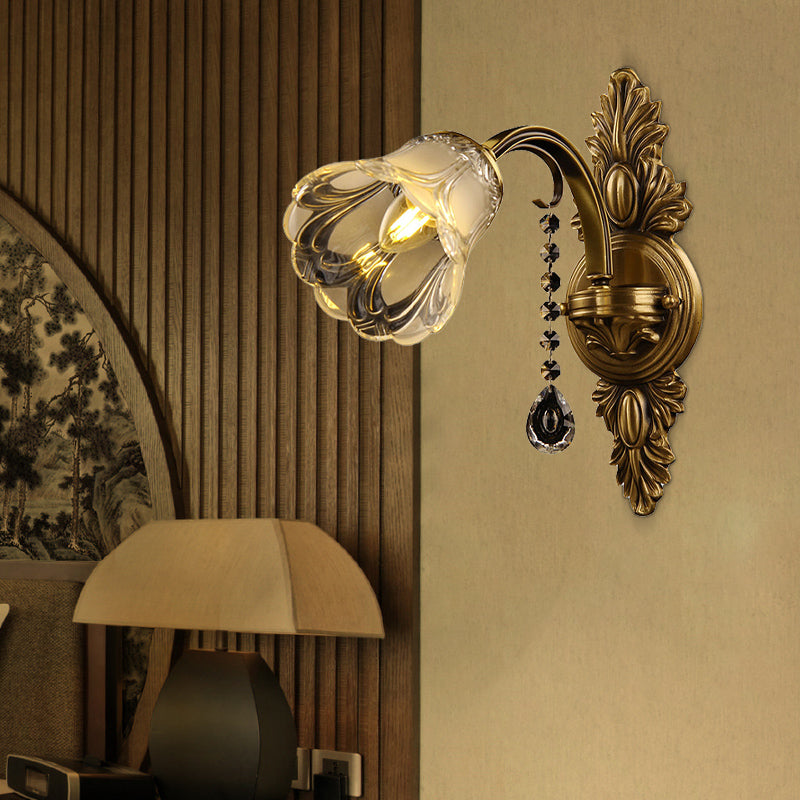 Brass Flower Frosted Glass Wall Mount Sconce Light Fixture For Traditional Bedroom- 1 Head