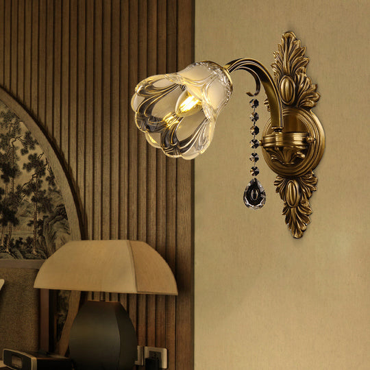 Brass Flower Frosted Glass Wall Mount Sconce Light Fixture For Traditional Bedroom- 1 Head