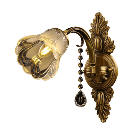 Brass Flower Frosted Glass Wall Mount Sconce Light Fixture For Traditional Bedroom- 1 Head