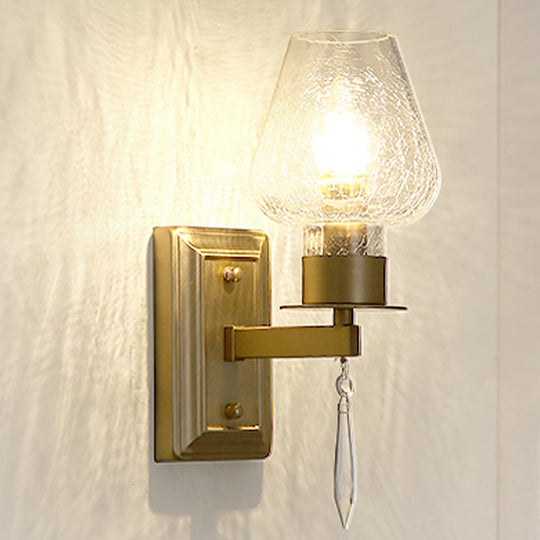 Traditional Brass Cracked Glass Bedroom Wall Sconce Light - 1 Head