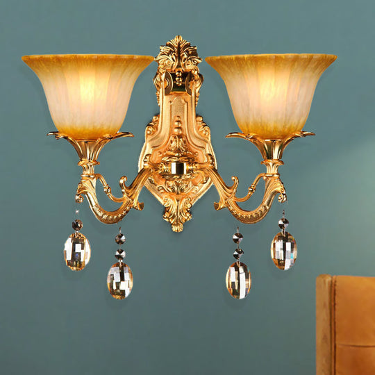 Traditional Amber Glass Wall Mount Sconce Light With Brass Finish - 2 Heads Ideal For Living Room