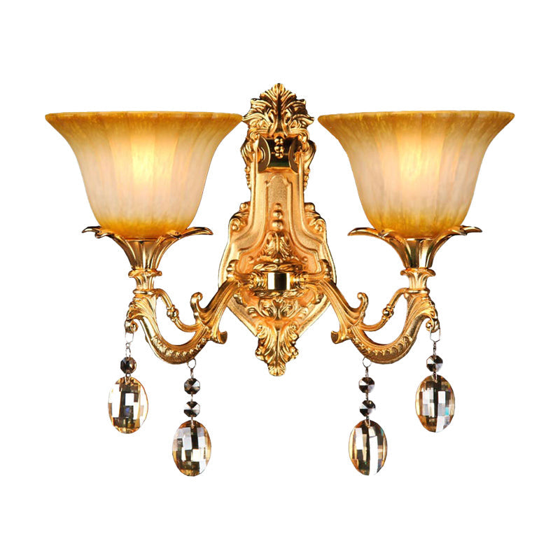 Traditional Amber Glass Wall Mount Sconce Light With Brass Finish - 2 Heads Ideal For Living Room