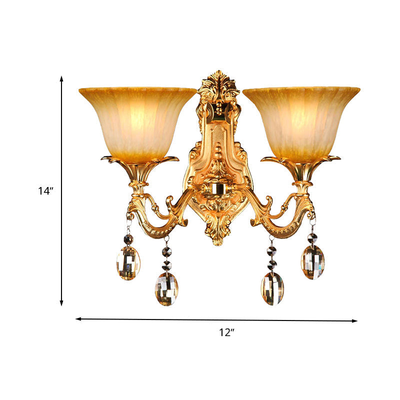 Traditional Amber Glass Wall Mount Sconce Light With Brass Finish - 2 Heads Ideal For Living Room