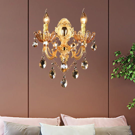 Traditional Brass Candelabra Sconce Light - 2 Heads Living Room Wall Mount Fixture With Crystal