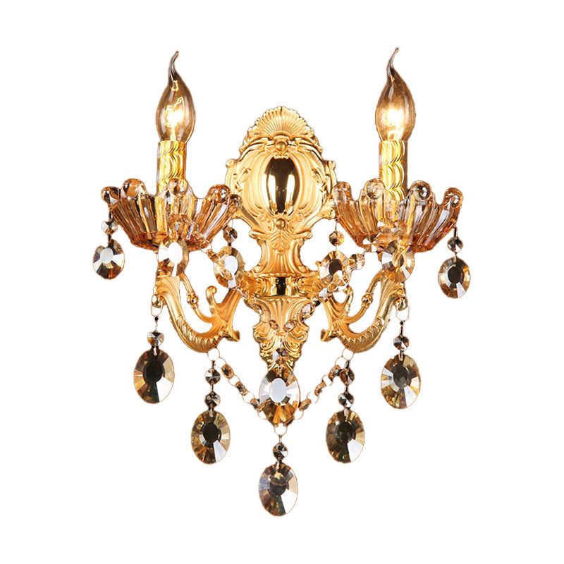 Traditional Brass Candelabra Sconce Light - 2 Heads Living Room Wall Mount Fixture With Crystal