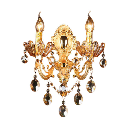 Traditional Brass Candelabra Sconce Light - 2 Heads Living Room Wall Mount Fixture With Crystal