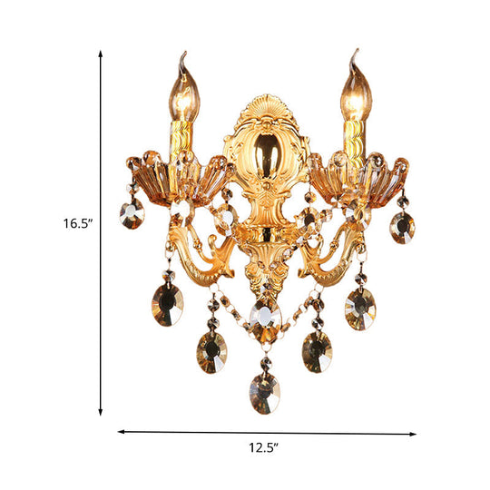 Traditional Brass Candelabra Sconce Light - 2 Heads Living Room Wall Mount Fixture With Crystal