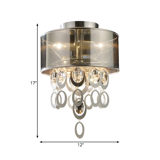 Vintage Silver Flush Mount Ceiling Light with Draping Ring - 2-Bulb Circular Fixture