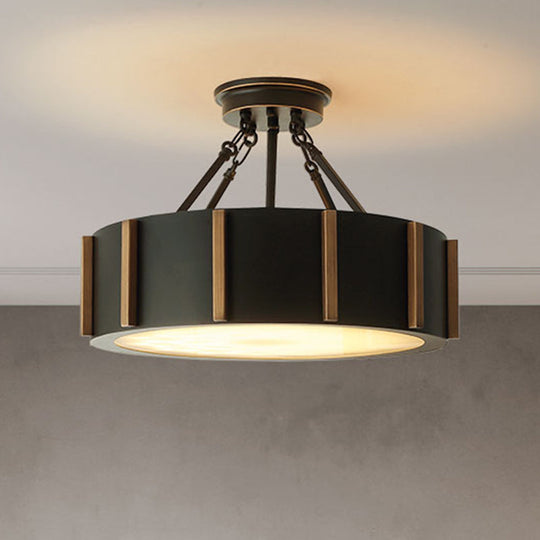 Rustic LED Semi Flush Drum Light - Warm Black Metallic Close-to-Ceiling Fixture, 18" Width